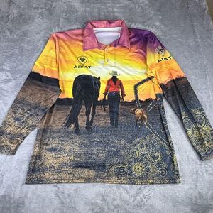 Ariat‎ Polo Shirt Mens Extra Large Multicolor Sunset Western Graphic Long Sleeve